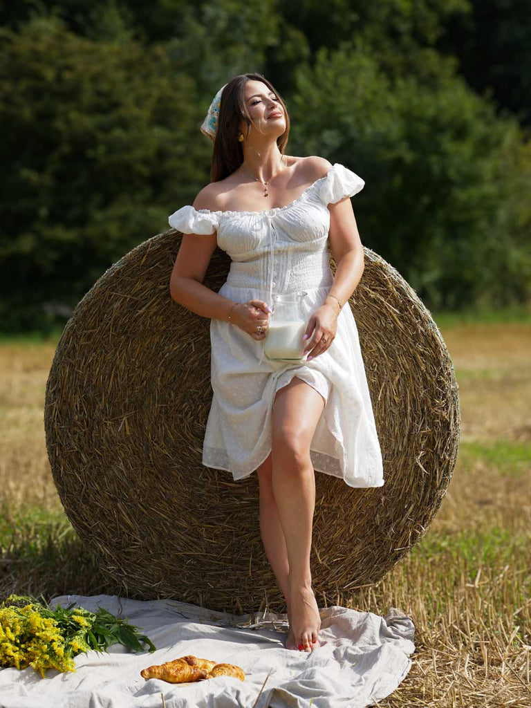 Weiß 1940er Solide Baumwolle Bestickt Spitze Kleid
