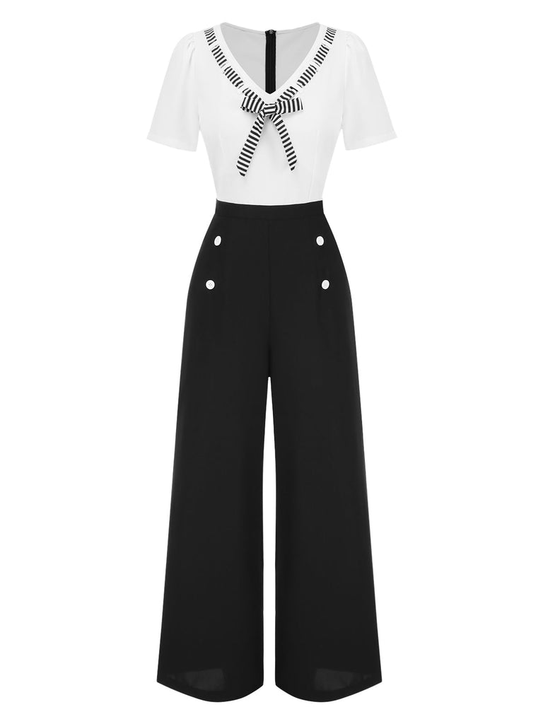 [Vorverkauf] Schwarz 1940er Streifen Krawattenhals Jumpsuit