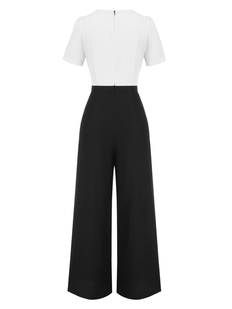 [Vorverkauf] Schwarz 1940er Streifen Krawattenhals Jumpsuit