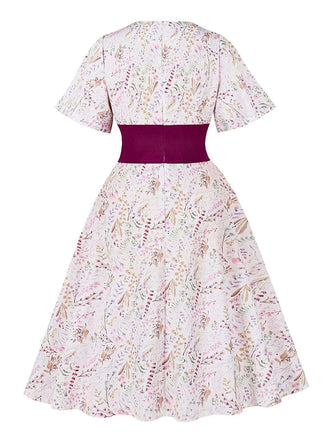 Rosaviolett 1950er Herzförmiger Glockenärmel Blumen Kleid