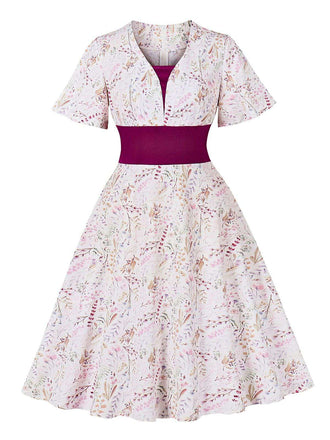 Rosaviolett 1950er Herzförmiger Glockenärmel Blumen Kleid