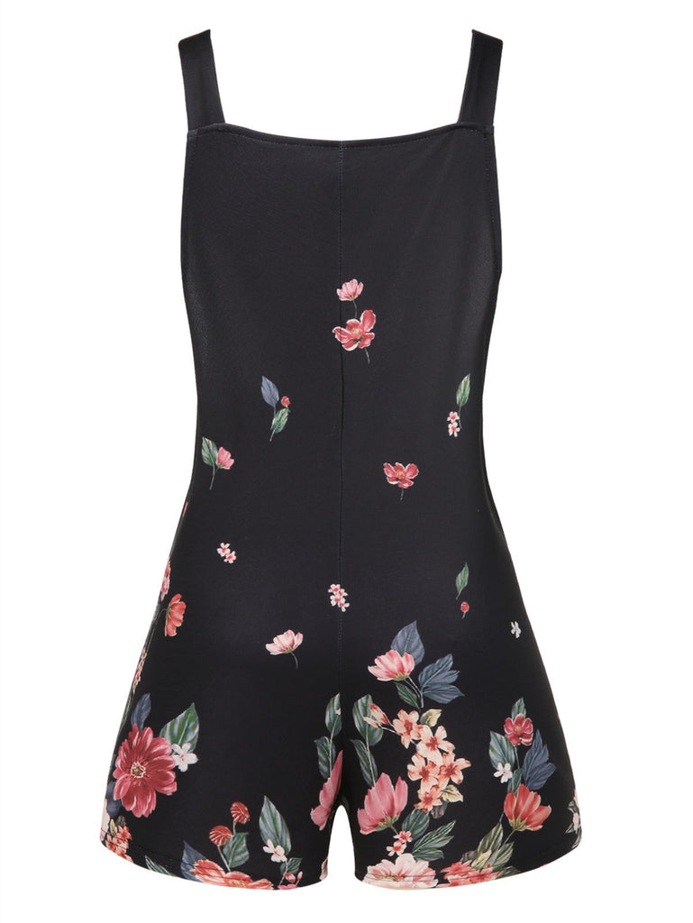 Schwarz 1950er Einstellbar Träger Blumen Romper