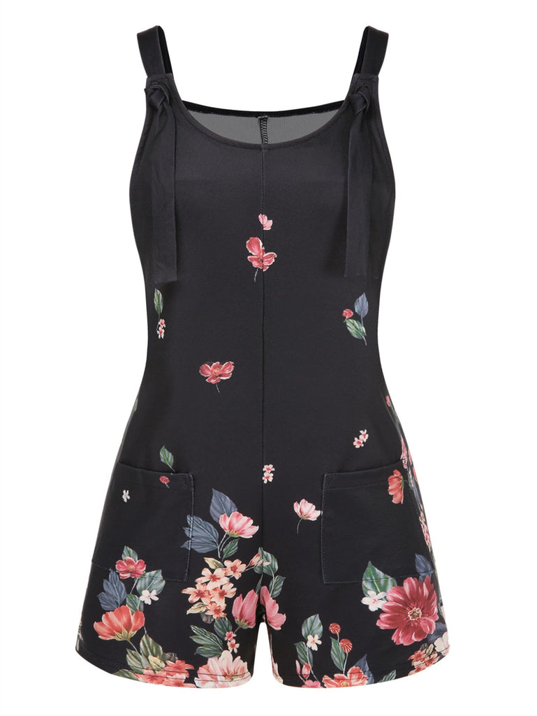 Schwarz 1950er Einstellbar Träger Blumen Romper