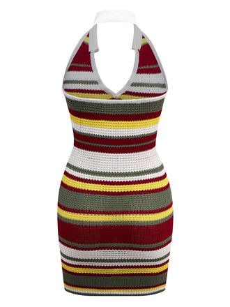 Grün 1960er V-Ausschnitt Revers Streifen Stricken Kleid