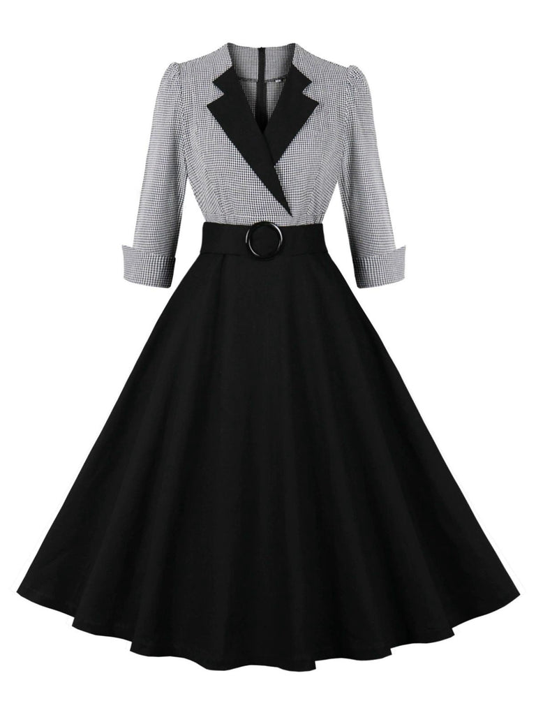1950er Kerbkragen Farbblock Gingham Plaid Kleid
