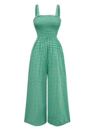 1950er Gingham Plaid Gesmokt Spaghettiträger Jumpsuit