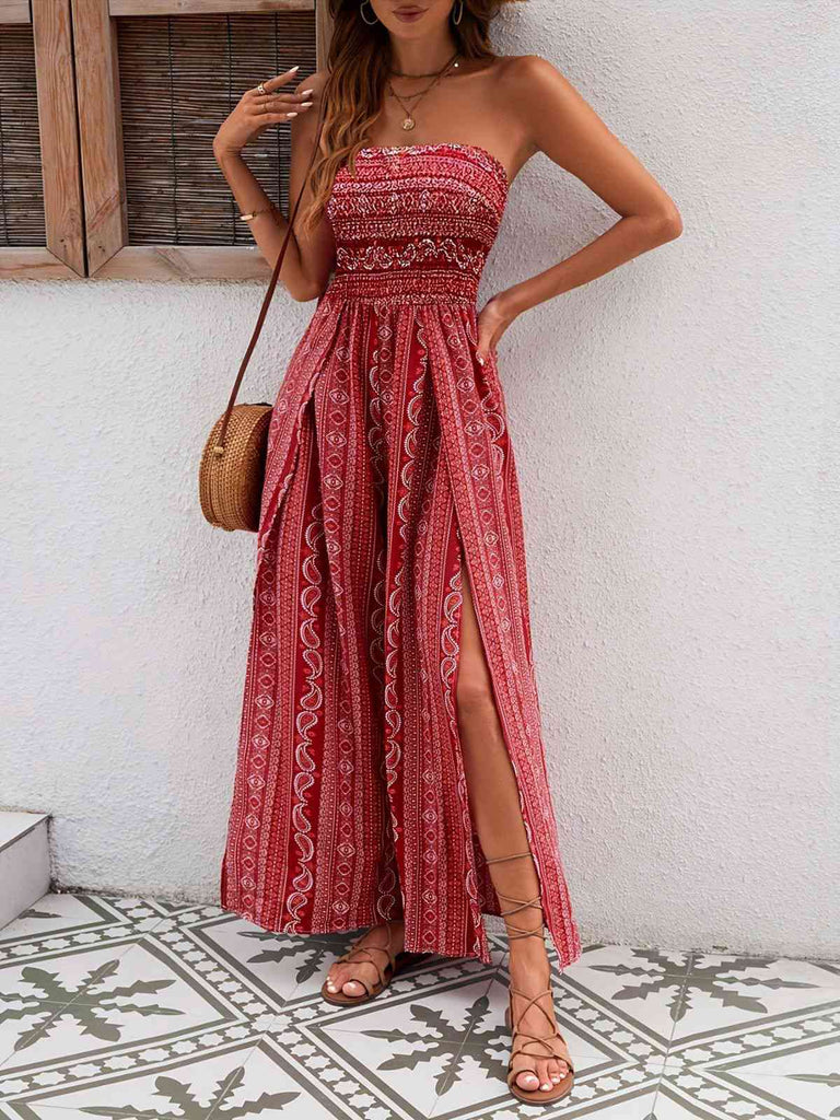 1970er Bohemien Trägerlos Schlitz Gesmokt Jumpsuit