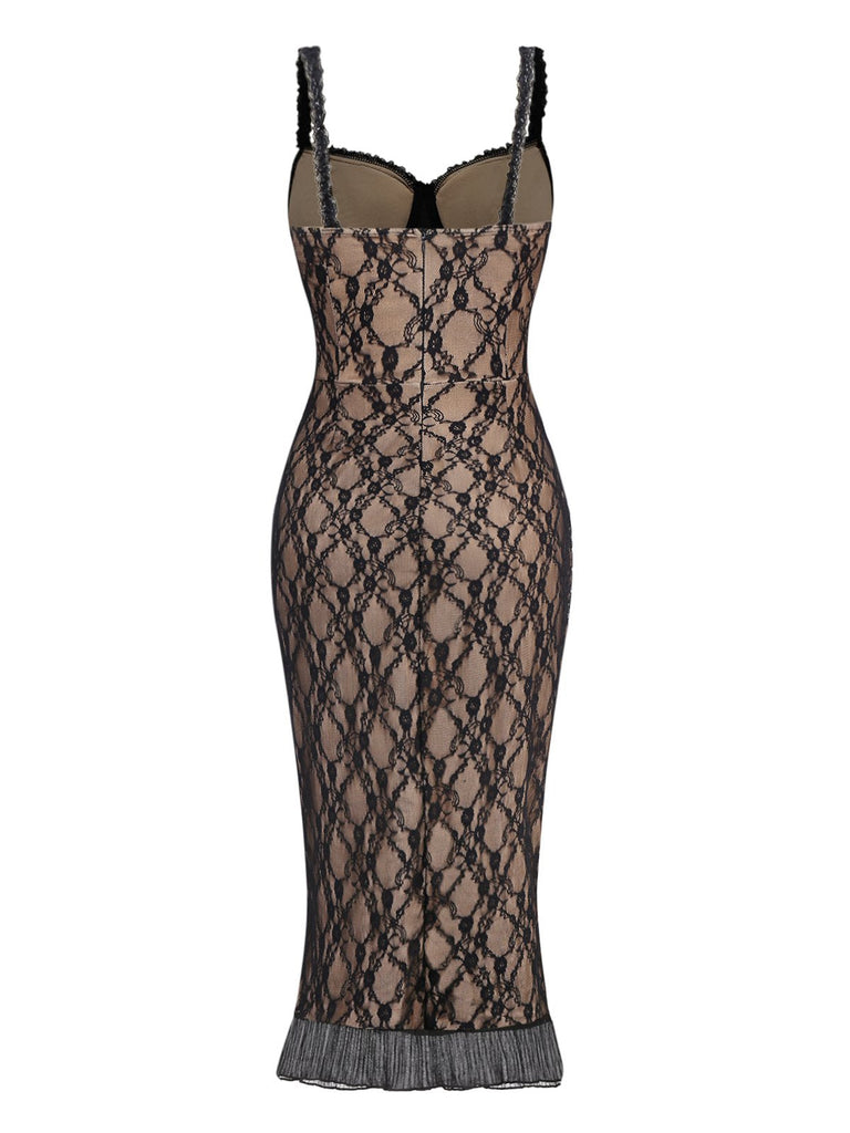 Khaki 1960er Spitze Patchwork Spaghetti Träger Enges Kleid