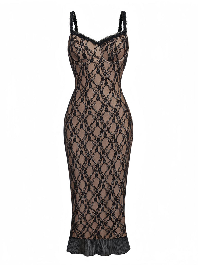 Khaki 1960er Spitze Patchwork Spaghetti Träger Enges Kleid