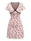 Rosa 1960er Bogen Drucken V-Ausschnitt Netz Kleid
