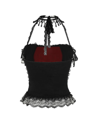 Schwarz 1980er Gothic Steampunk Halter Spitze Kreuz Camisole & Choker