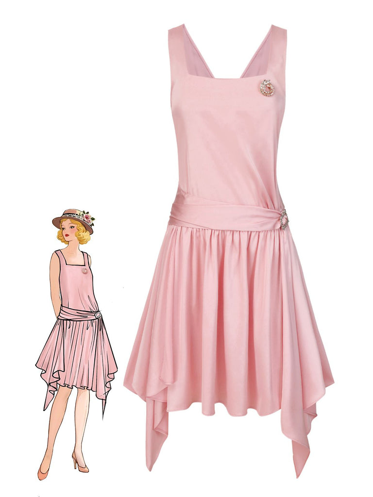 [Vorverkauf] Blassrosa 1920er Satin Quadratischer Hals Zurück-Bogen Kleid