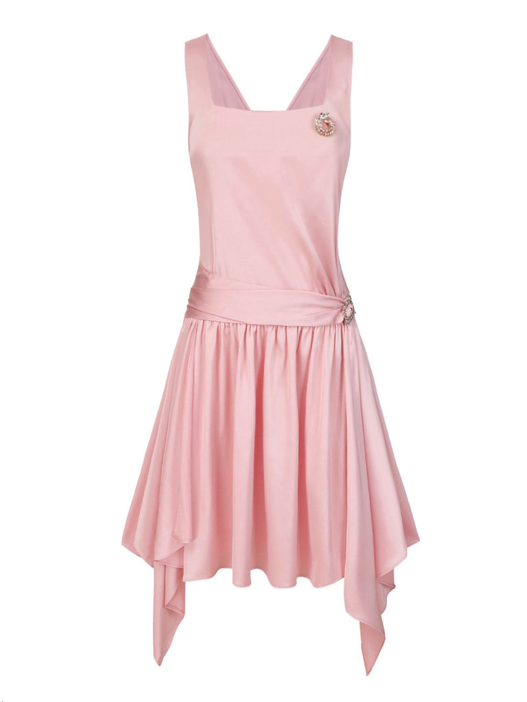 [Vorverkauf] Blassrosa 1920er Satin Quadratischer Hals Zurück-Bogen Kleid