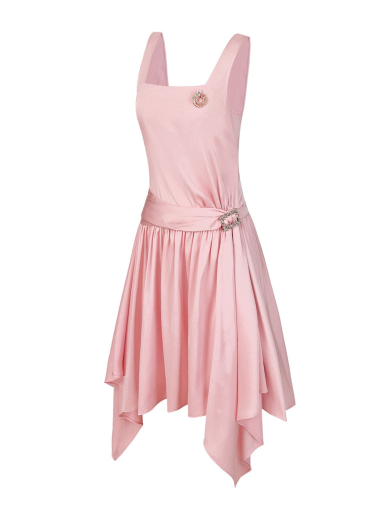 [Vorverkauf] Blassrosa 1920er Satin Quadratischer Hals Zurück-Bogen Kleid