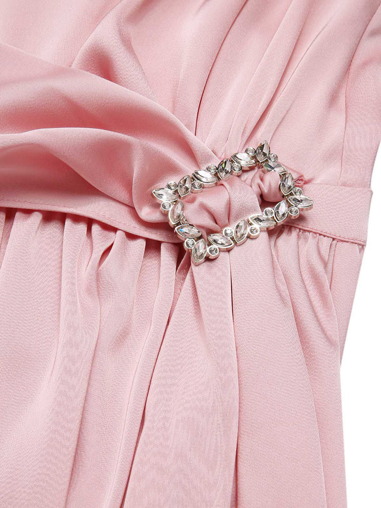 [Vorverkauf] Blassrosa 1920er Satin Quadratischer Hals Zurück-Bogen Kleid