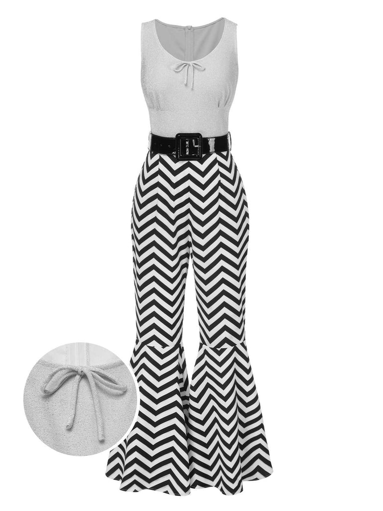 [Vorverkauf] 1980er Chevron-Druck Gürtel Flare Jumpsuit