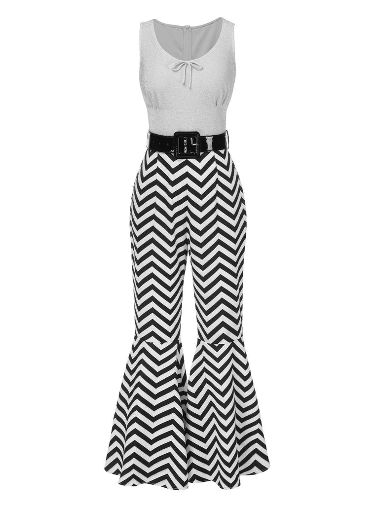 [Vorverkauf] 1980er Chevron-Druck Gürtel Flare Jumpsuit