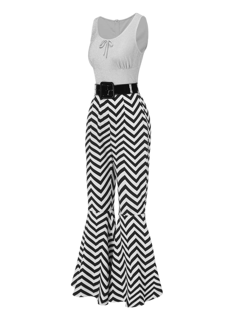 [Vorverkauf] 1980er Chevron-Druck Gürtel Flare Jumpsuit