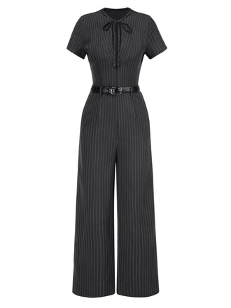 Dunkelgrau 1950er Streifen Gürtel Jumpsuit