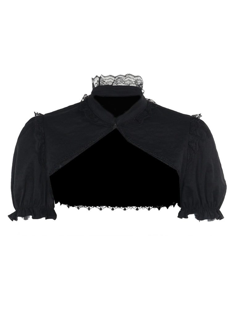 Schwarz 1980er Solide Gothic Puffärmel Kurz Kap Strickjacke