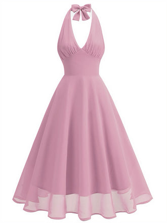 1950er Solide Halter V-Ausschnitt Netz Rückenfrei Kleid