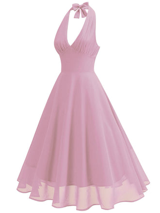 1950er Solide Halter V-Ausschnitt Netz Rückenfrei Kleid