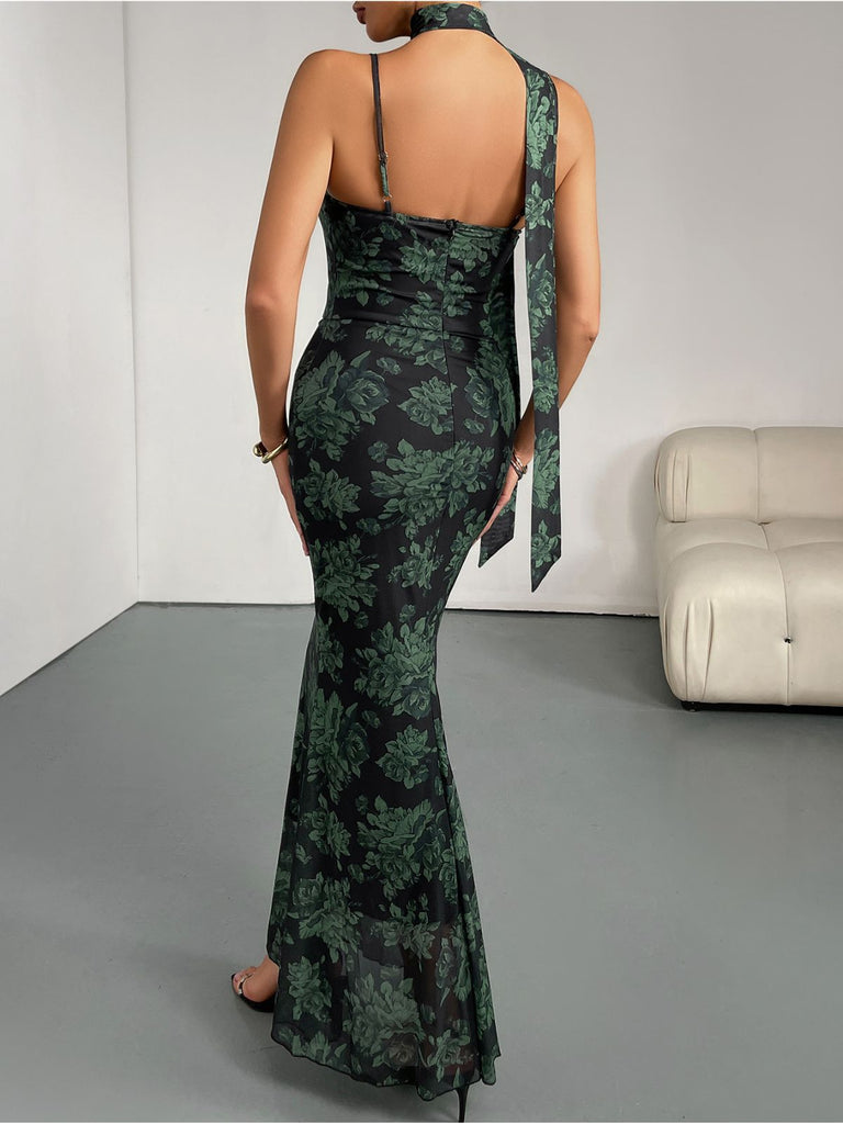 Grün 1930er Blumen Spaghetti Träger Fischschwanzkleid