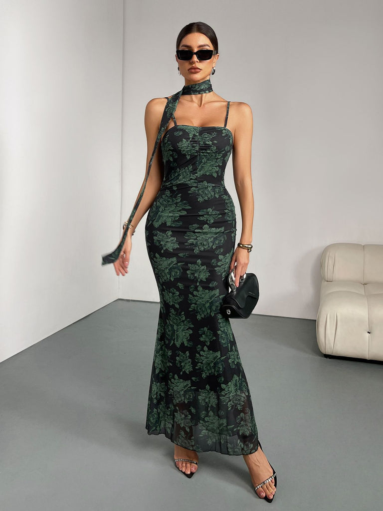 Grün 1930er Blumen Spaghetti Träger Fischschwanzkleid
