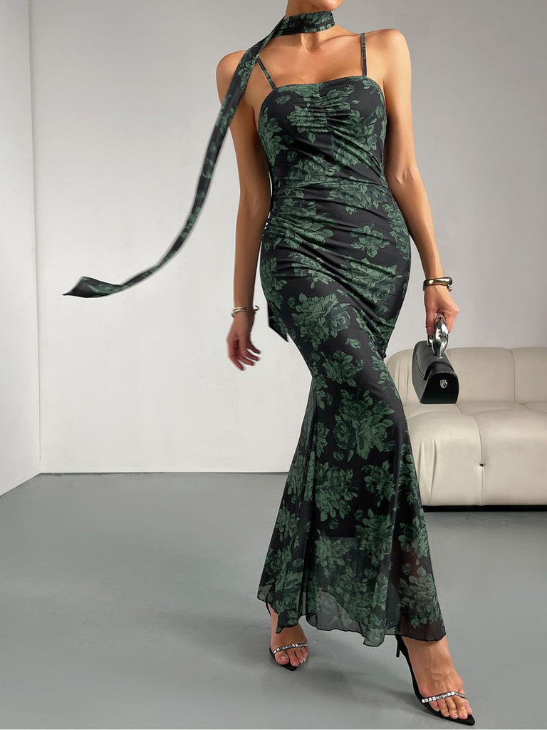 Grün 1930er Blumen Spaghetti Träger Fischschwanzkleid