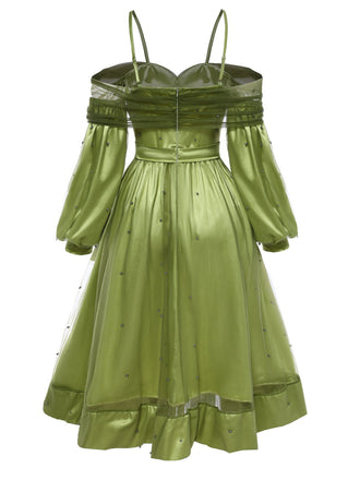 Chartreuse 1950er Perle Netz Patchwork Satin Kleid