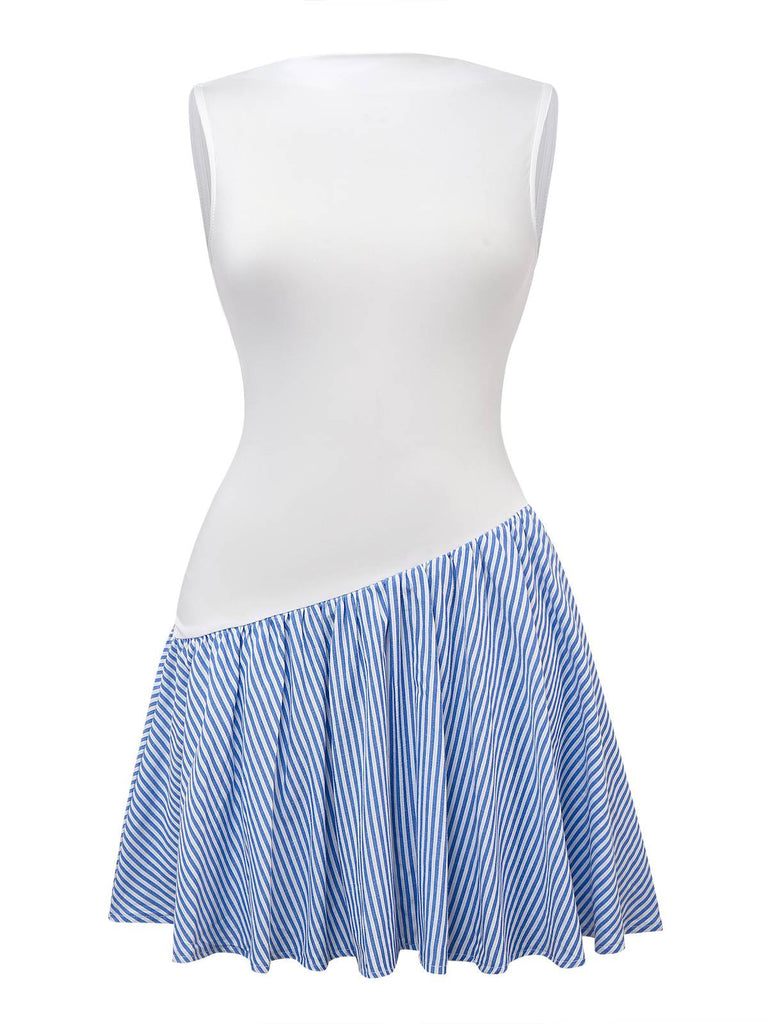 Blau 1950er Streifen Patchwork Plissiertes Kleid