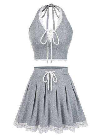 2PCS Hellgrau 1950er Spitze Halfter Top & Plissiertes Rock