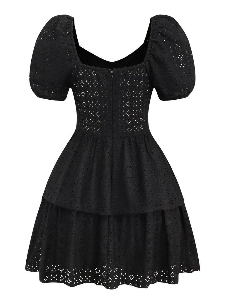 Schwarz 1950er Solide Puffärmel Korsett Hohl Stricken Kleid