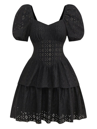 Schwarz 1950er Solide Puffärmel Korsett Hohl Stricken Kleid