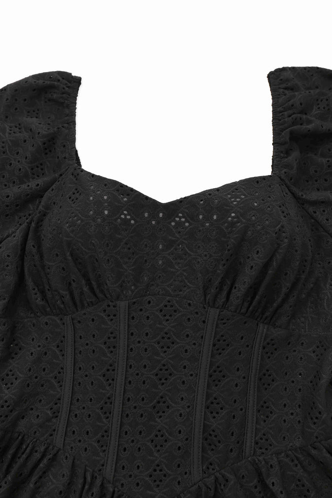 Schwarz 1950er Solide Puffärmel Korsett Hohl Stricken Kleid