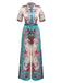 Grün 1930er Symmetrisch Blumen Hemdkragen Jumpsuit