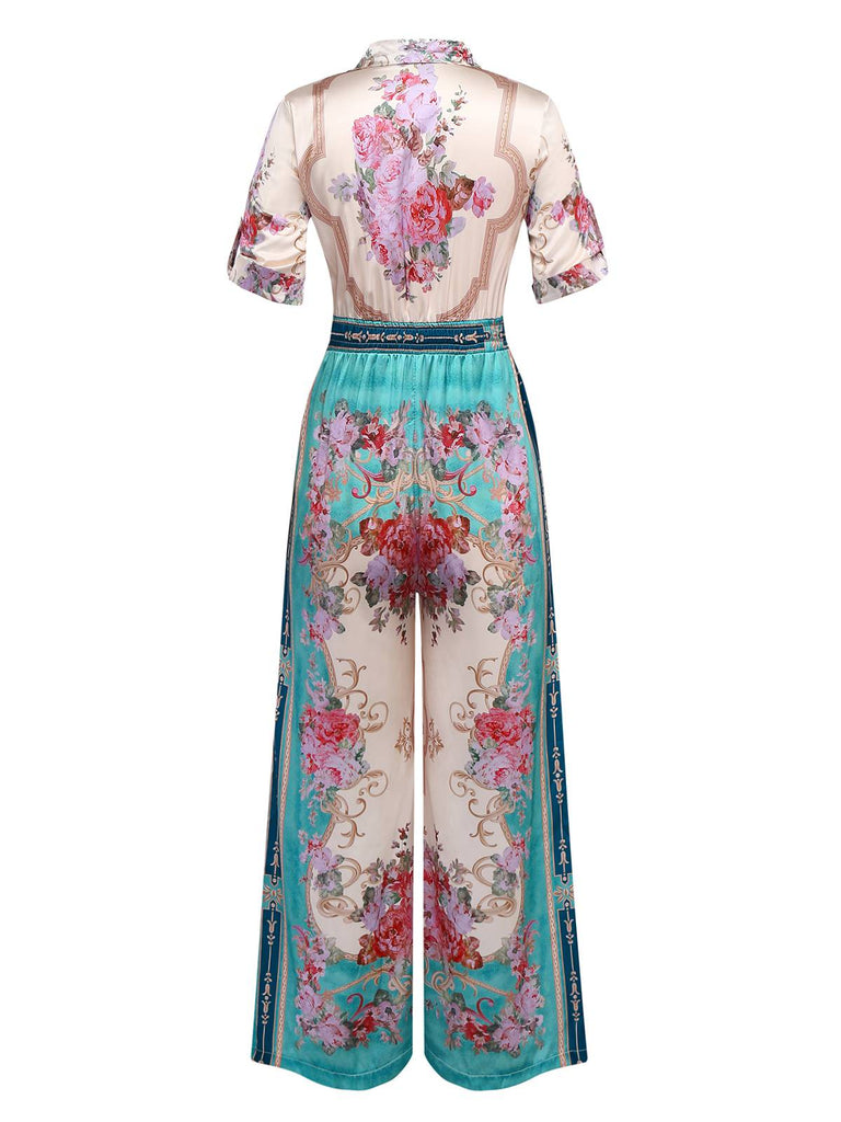 Grün 1930er Symmetrisch Blumen Hemdkragen Jumpsuit