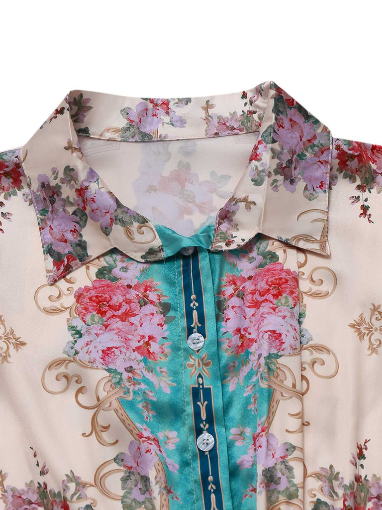 Grün 1930er Symmetrisch Blumen Hemdkragen Jumpsuit