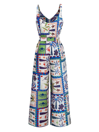 Blau 1930er Strand-Druck Ärmellos Jumpsuit