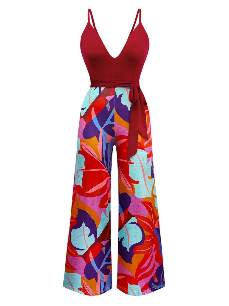 Rot 1930er Tropisch Gürtel Tief V Träger Jumpsuit