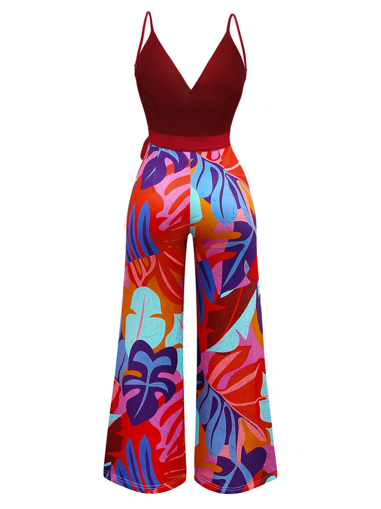 Rot 1930er Tropisch Gürtel Tief V Träger Jumpsuit