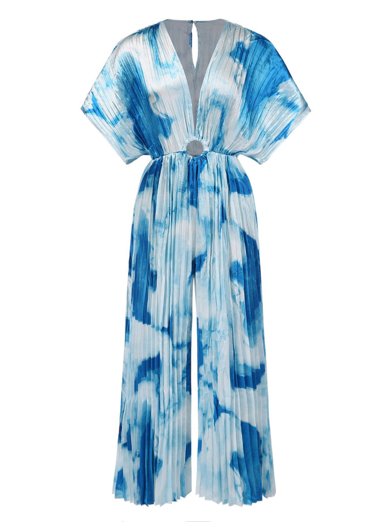 1930er Batik V-Ausschnitt Plissiertes Ring Jumpsuit