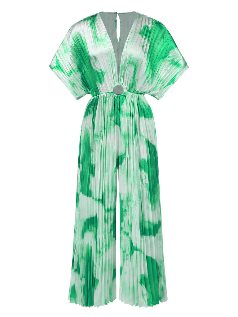 1930er Batik V-Ausschnitt Plissiertes Ring Jumpsuit