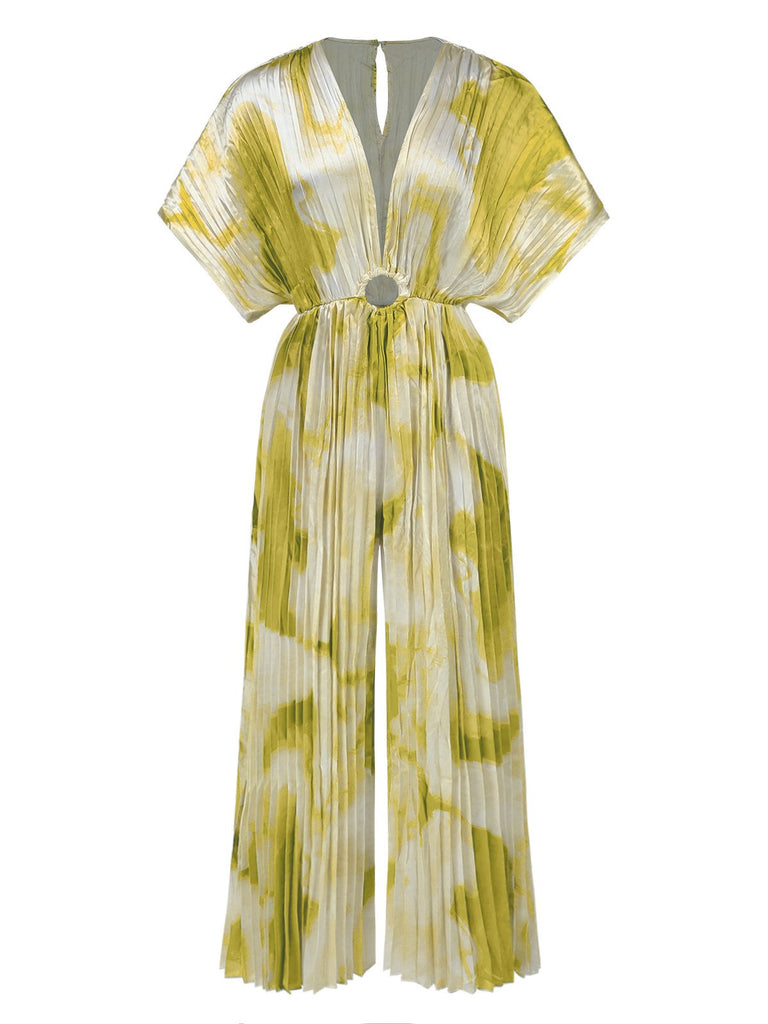 1930er Batik V-Ausschnitt Plissiertes Ring Jumpsuit