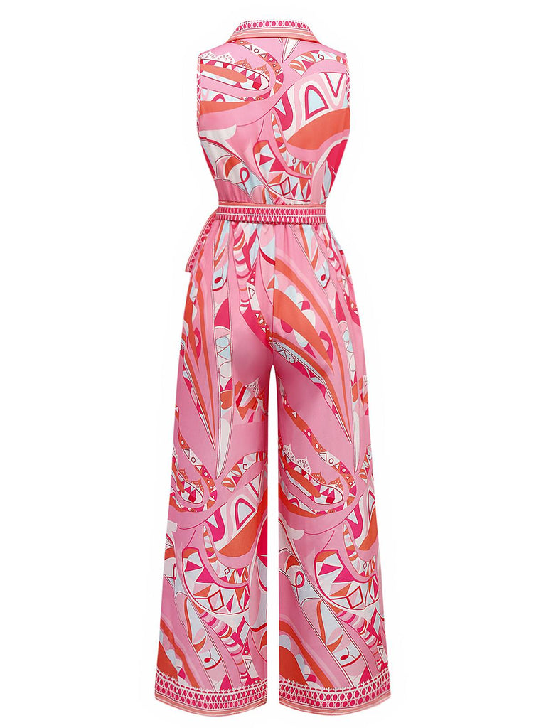 Rosa 1930er Revers Gürtel Boho Jumpsuit
