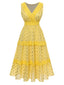 Gelb 1950er Spitze Patchwork Tupfen Kleid