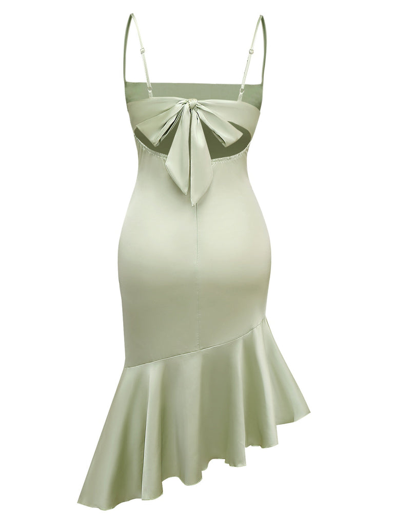 Grün 1930er Solide Kapuze Hals Rüschen Meerjungfrauen kleid