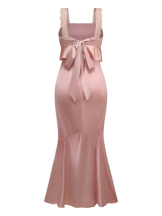 Rosa 1930er Träger Spitze Rüschen Satin Meerjungfrauen Kleid