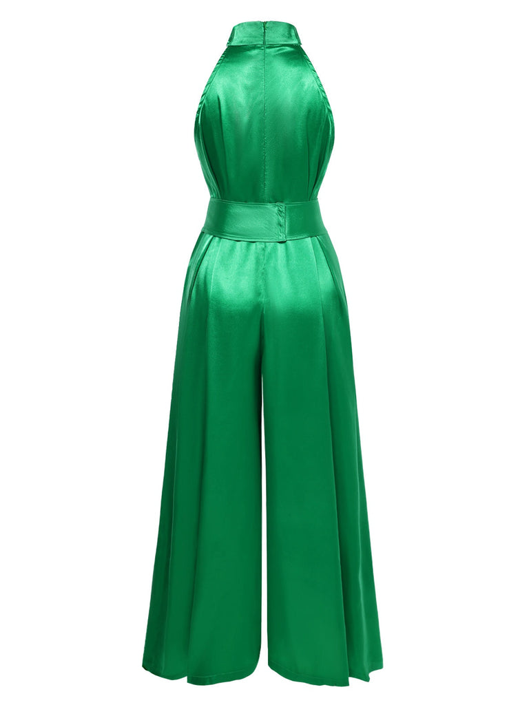 Grün 1930er Satin Stehkragen Weites Bein Jumpsuit