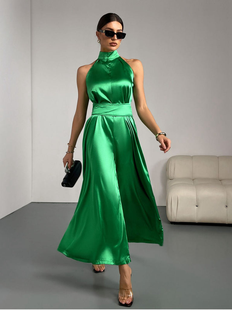 Grün 1930er Satin Stehkragen Weites Bein Jumpsuit